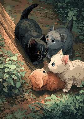 Four Cute Kittens in the Forest