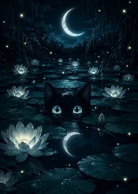 Black Cat in Moonlit Lotus Pond