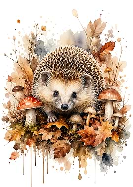 Watercolor Hedgehog in Autumn Leaves