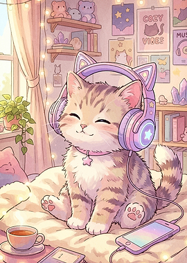 Cute Kitten Listening to Music