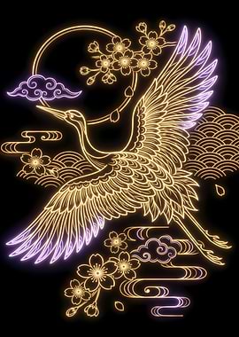Golden Neon Crane of Sakura