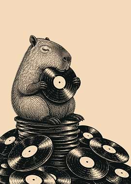 Vintage Capybara with Vinyl Records Etched Style Music Wall Art Poster