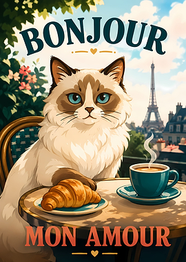 Bonjour Mon Amour Paris Cat Poster