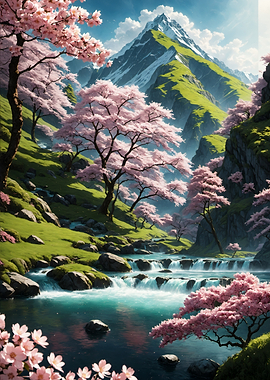 Cherry Blossom Mountain Stream Japan Landscape