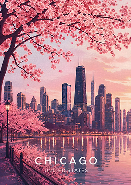 Chicago Skyline with Cherry Blossoms