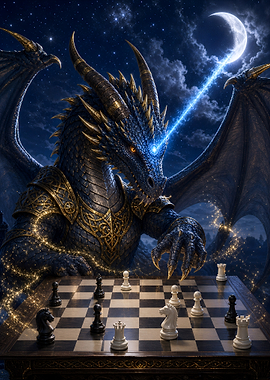 Dragon Playing Chess Under Moonlight