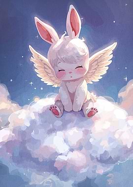 Cute Angel Bunny Sitting on Cloud
