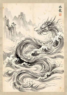 Traditional Ink Wash Water Dragon Painting