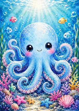 Cute Watercolor Octopus Wall Art | Kawaii Ocean Nursery Decor | Adorable Sea Animal Illustration