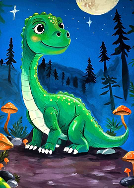 Cute Green Dinosaur in Night Forest