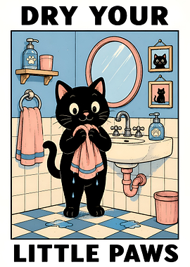 Cute Black Cat Drying Paws Poster