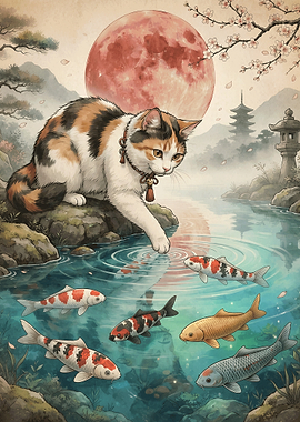 Calico Cat Playing with Koi Fish