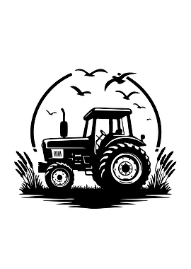 Black and White Tractor Farm Illustration