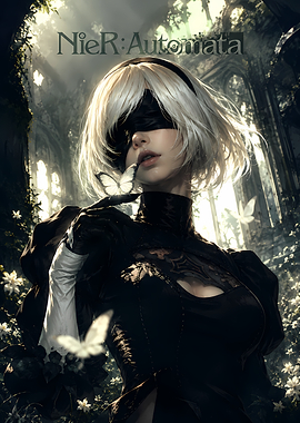 2B from NieR:Automata with butterflies