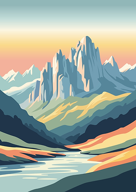Stylized Mountain Landscape with River