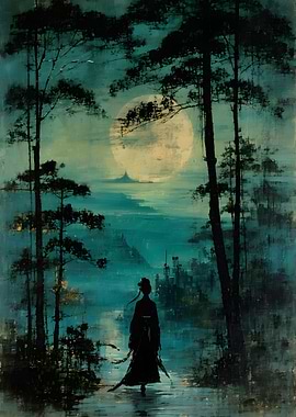 Silhouette of a Warrior Under Moonlight