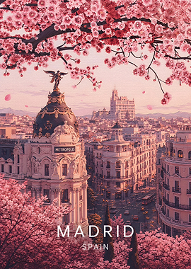 Madrid Metropolis Building with Cherry Blossoms