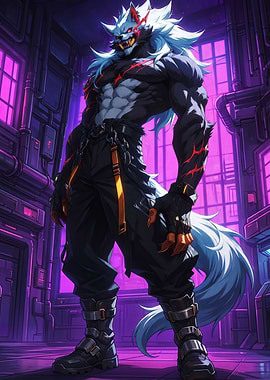 Cyberpunk Werewolf Warrior in Neon Setting