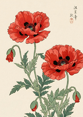 Traditional Japanese Style Poppy Illustration