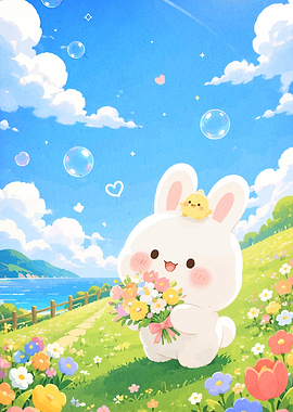 Cute Bunny Holding Flowers in Meadow