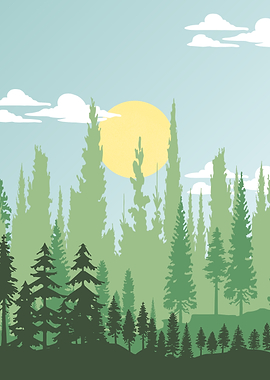 Minimalist Forest Landscape with Sun