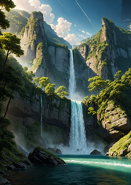 Waterfall in Lush Mountains River Lake Landscape