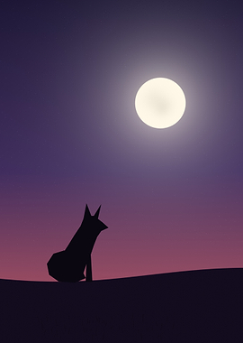 Fox - Minimalist Sitting Fox Silhouette Under a Full Moon