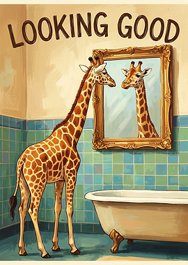 Giraffe Looking in Bathroom Mirror