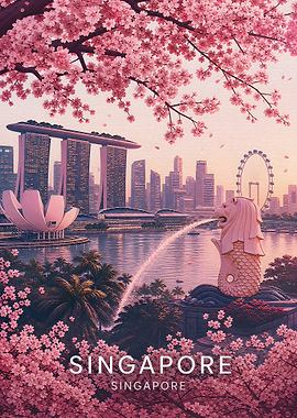 Singapore Cityscape with Cherry Blossoms
