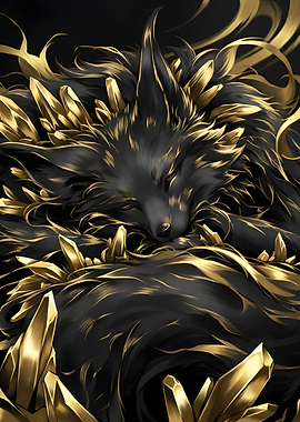 Sleeping Black Fox with Golden Crystals