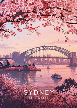 Sydney Australia Cherry Blossom Travel Poster