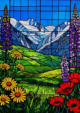 Stained Glass Mountain Meadow Landscape