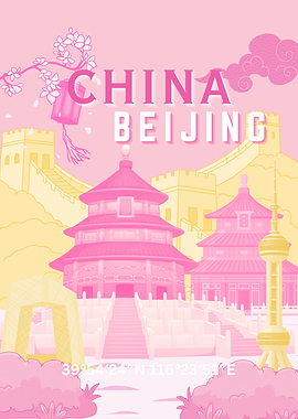 Beijing China Travel Poster Pink Illustration