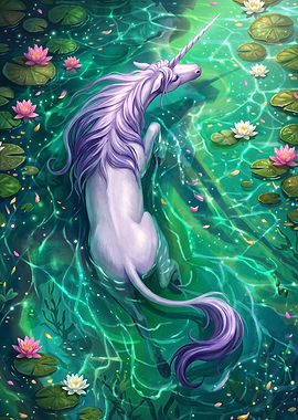 Unicorn Wading in Magical Pond