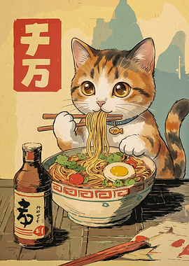 Cute Calico Cat Eating Ramen Poster