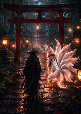 Samurai and Kitsune at Torii Gate
