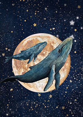 Whales Swimming Past the Moon