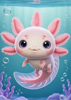 Cute Pink Axolotl Underwater