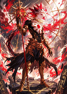 Fiery Anime Warrior with Golden Armor