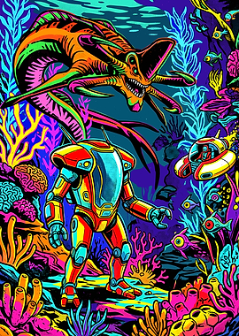 Subnautica Neon Underwater Exploration Art