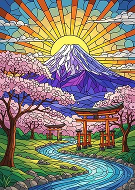 Stained Glass Mount Fuji Landscape