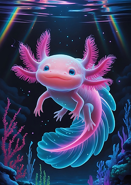 Glowing Neon Axolotl Underwater
