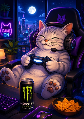 Cute Cat Gamer Playing Video Games