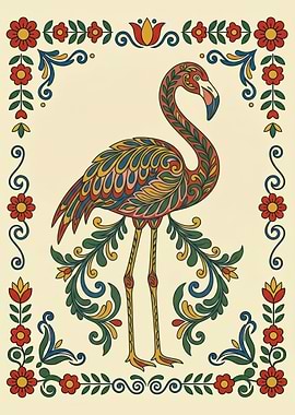 Traditional Nordic Kurbits Folk Art Flamingo Illustration