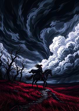 Dark Fantasy Rider in Crimson Field
