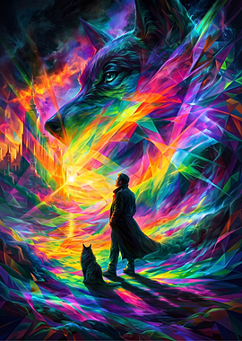 Man and Wolf in Psychedelic Landscape