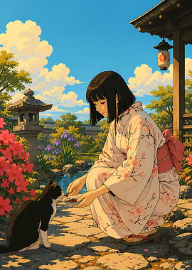 Girl in Kimono Feeding a Cat