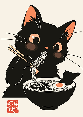 Cute Black Cat Eating Ramen