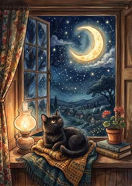 Black Cat Watching the Night Sky