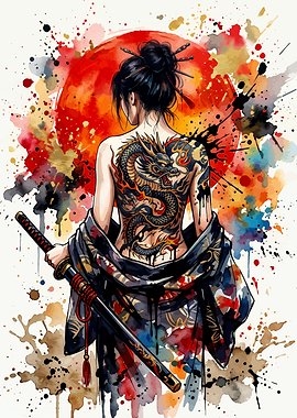 Japanese Samurai Woman Dragon Tattoo Watercolor Art